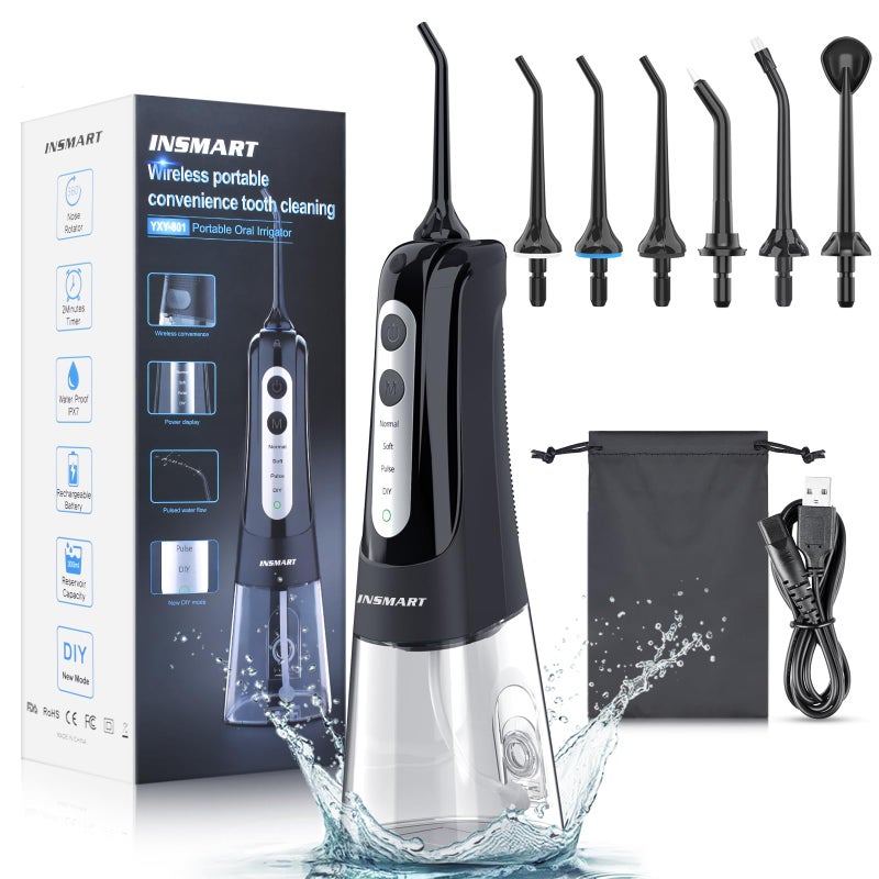 Cordless Water Dental Flosser Teeth Cleaner INSMART Professional 300ML Tank DIY Mode USB Rechargeable Dental Oral Irrigator for Home and Travel IPX7 Waterproof 6 Modes Irrigate for Oral Care